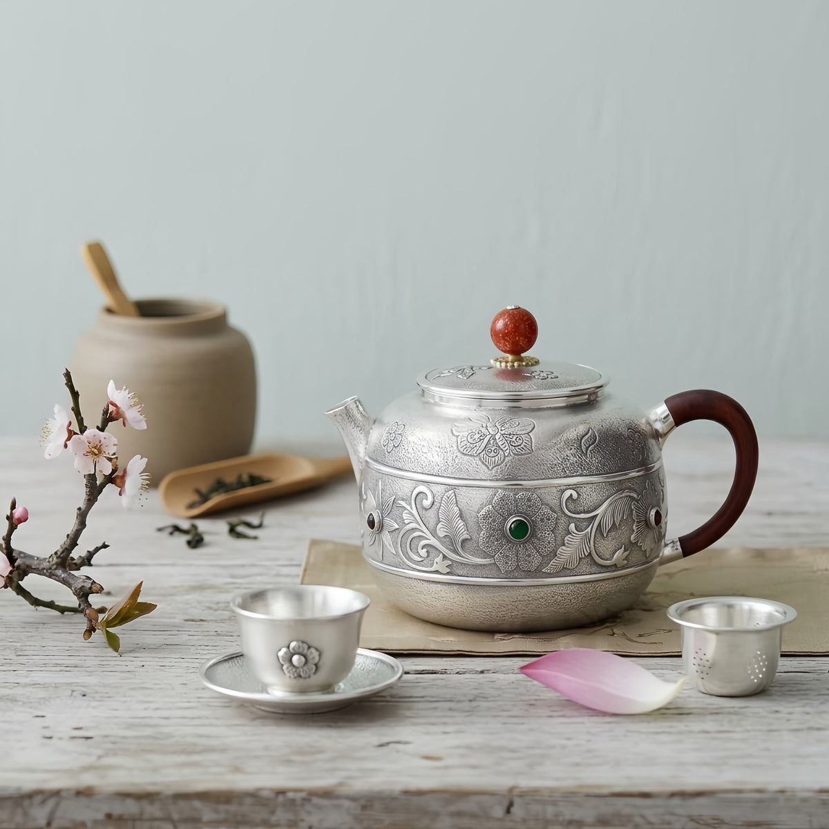 Pure 999 Fine Silver Handcrafted Silver Teapot with Intricate Floral Engravings and Gemstone Accents - Handicraft