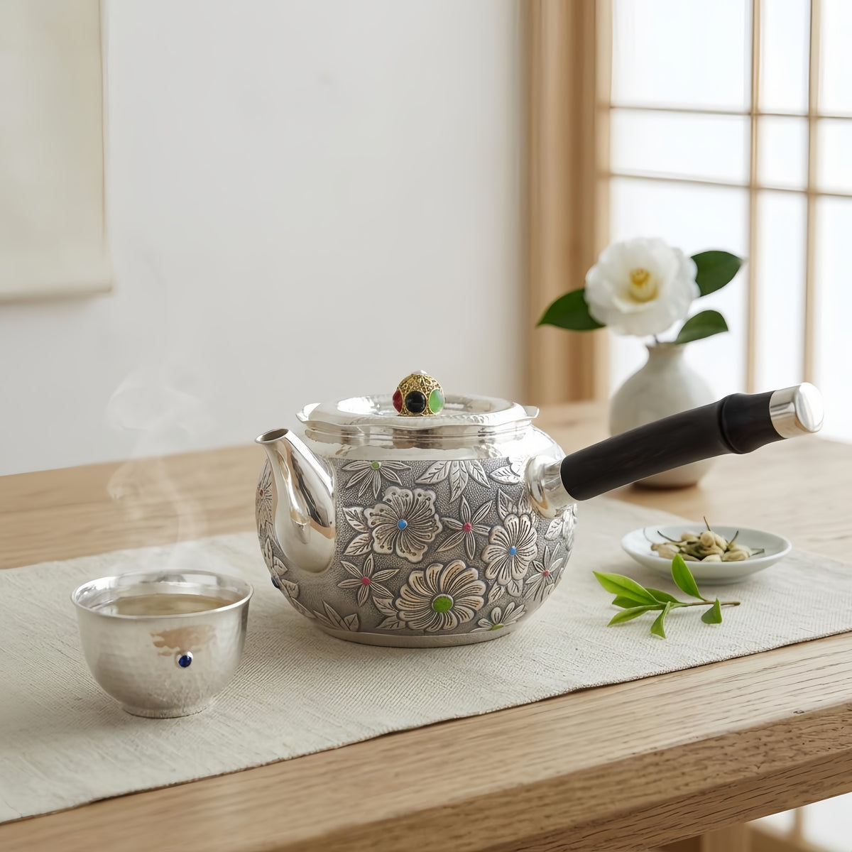 Pure 999 Fine Silver Elegant  Floral Teapot with Gemstone Accent-Fine side-handled teapot - Handicraft