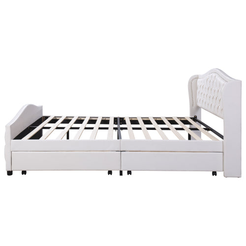 Upholstered Bed 135 X 190cm - Bed With Slatted Frame, 2 Drawers And Headboard With Pull Point Rivets - Wood & Faux Leather - White - Youth Bed Guest Bed
