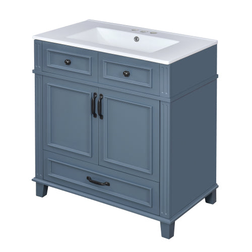 30” Bathroom Vanity with Ceramic Sink | Blue Solid Wood Cabinet