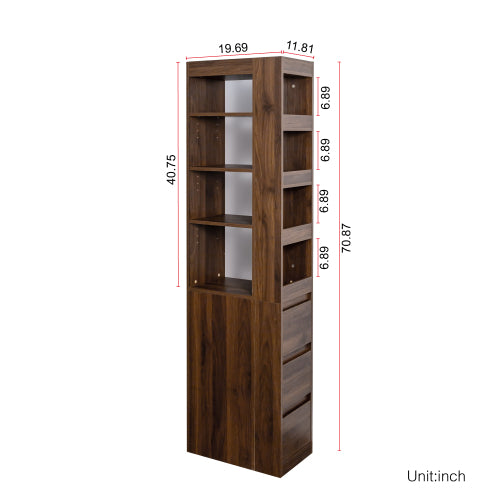 70.87 H Display Storage Cabinet , 4-Tier Shelf, 3 Side Drawers & 4 Small Display Shelves , Modern Wooden Tall Bookshelf Bookcase For Living Room Home Office