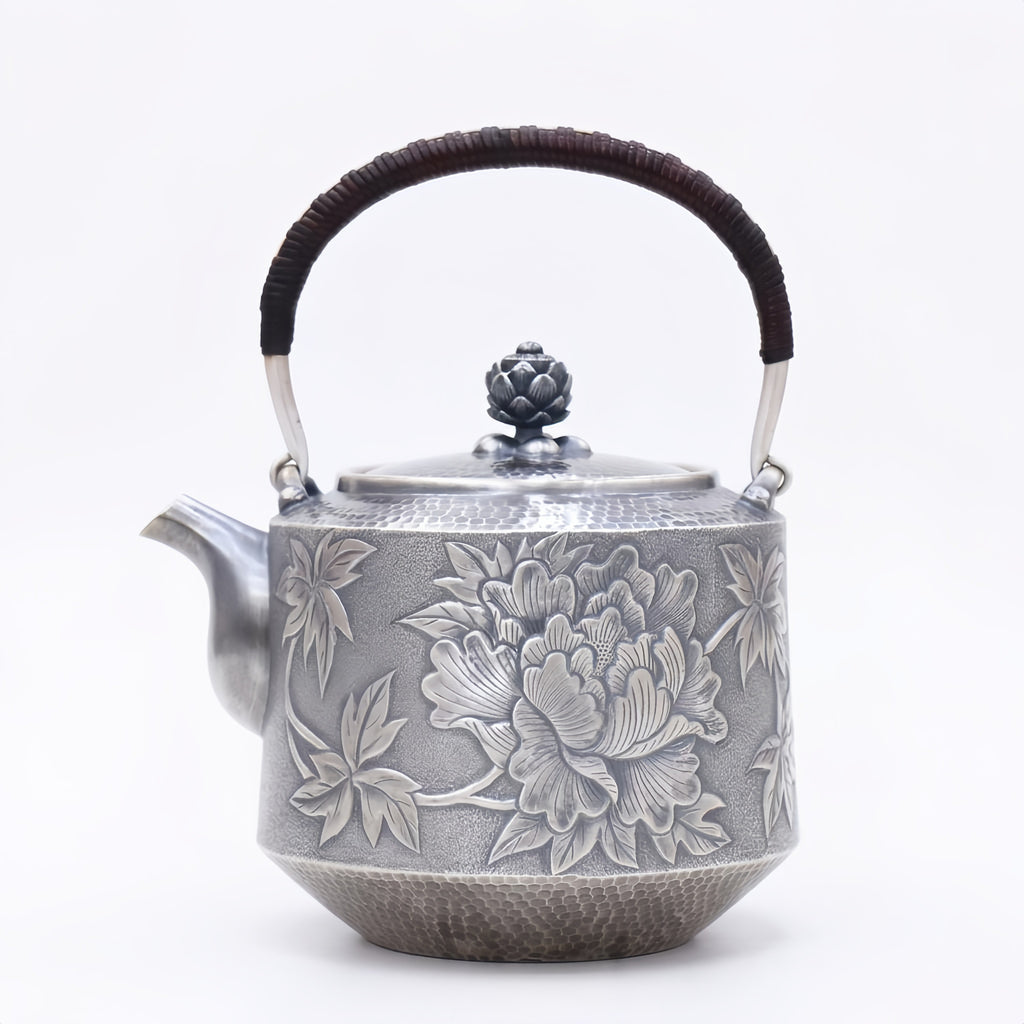 Pure 999 Fine Silver Elegant  Peony Teapot with Wooden Handle-Fine Teapot with Handle - Handicraft