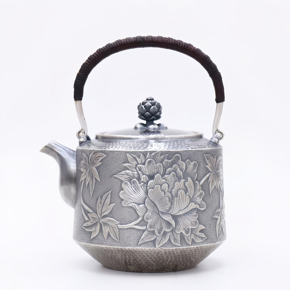 Pure 999 Fine Silver Elegant  Peony Teapot with Wooden Handle-Fine Teapot with Handle - Handicraft