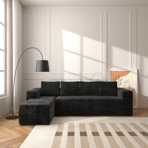 Cloud Sectional Couch With L-Shape Chaise,Modern Modular Sofa With Deep Seat, Upholstered Couches With Right Facing Chaise For Living Room Bedroom, No Assembly Required, Black Plush Corduroy Fabric