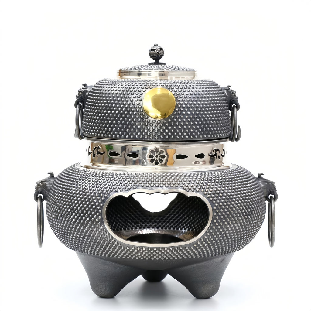 925 Sterling Silver Handcrafted Arare Textured Cast Iron Brazier with Polished Silver Accents and Shimmering Inlay - Handicraft