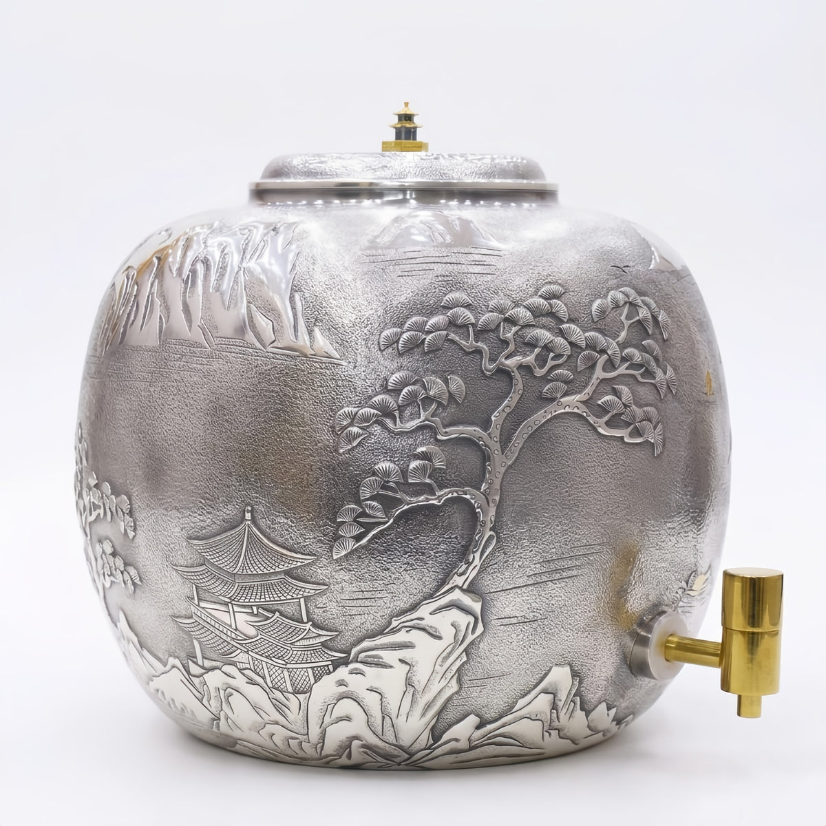 925 Sterling Silver Handcrafted Silver-Toned Beverage Dispenser with Intricate Oriental Landscape and Pagoda Relief Artistry - Handicraft