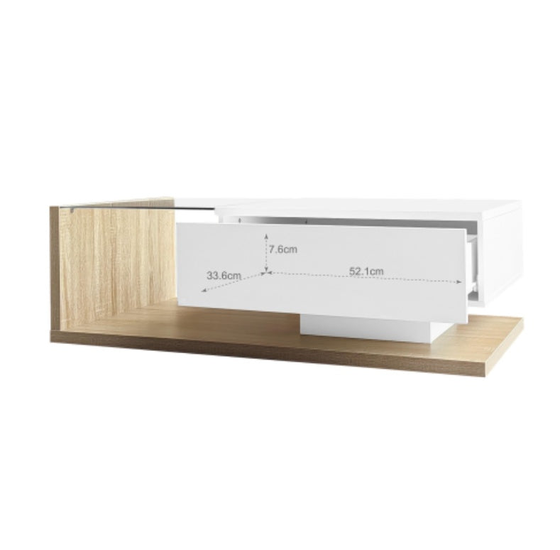 Coffee Table In High Gloss White And Wood Color Combination. Side Tables, Coffee Tables With Glass And LED