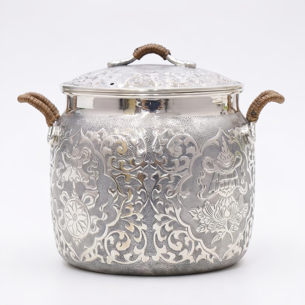 925 Sterling Silver Antique  Pot with Intricate Floral Engraving and Wooden Handles-Premium Hot Pot - Handicraft