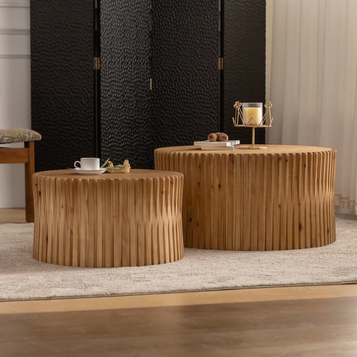 Vintage Fashion Style Cylindrical Nesting Coffee Table Set With Vertical Textured Embossed Design For Living Room, Office And Dining Room, Natural Set Of 2