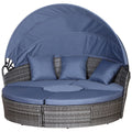 Outdoor PE Rattan Garden Furniture With Cushioned, Patio Wicker Conversation Furniture Set, Round Daybed With Retractable Canopy, Coffee Table And Three Pillows, Grey Blue Grey