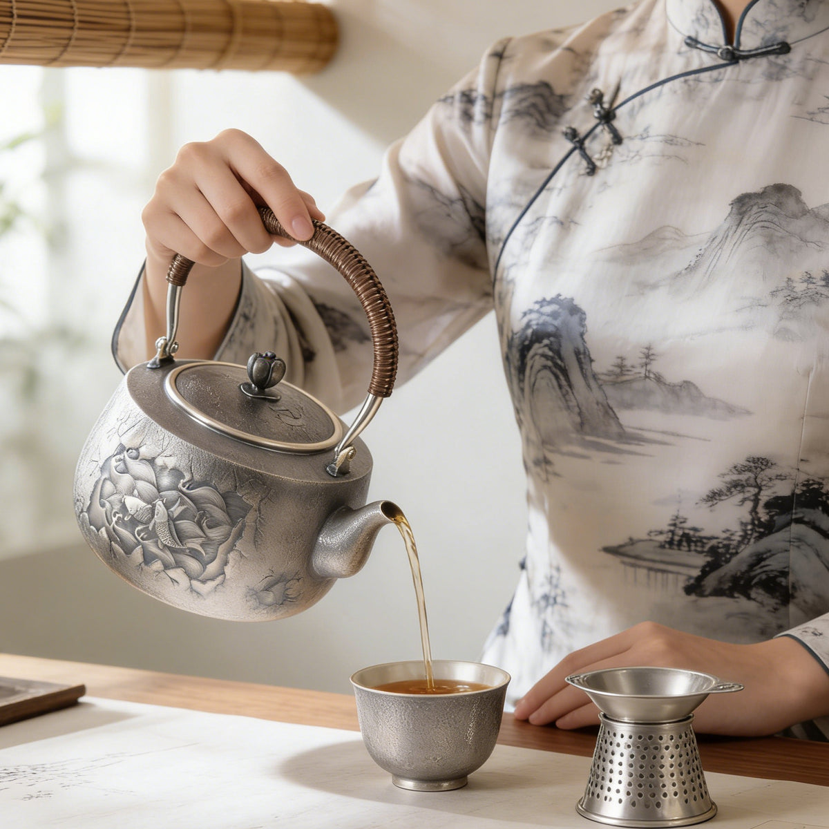 925 Sterling Silver Vintage Handcrafted Silver Teapot with Exquisite Koi Fish and Wave Relief Design - Handicraft