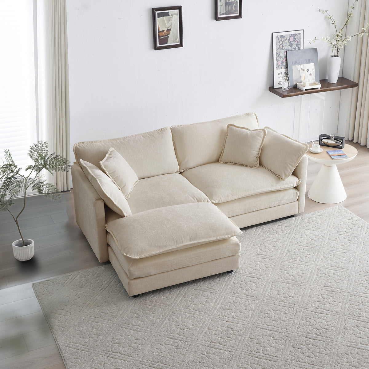 Chenille Two-Seater Sofa With 1 Footrest, 2 Seater L-Shaped Sectional With Ottoman,Loveseat With Ottoman For Small Living Space, Beige Chenille