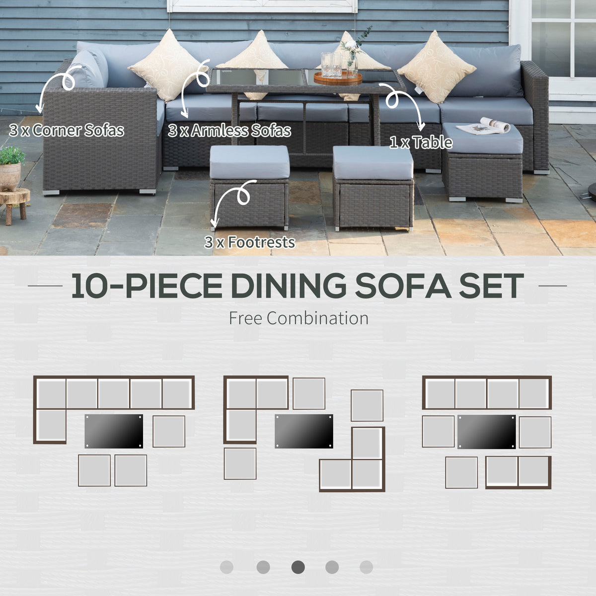 9-Seater Garden Rattan Furniture 10 Pcs Rattan Corner Dining Sofa Set, Grey/Dusty Blue Cushion
