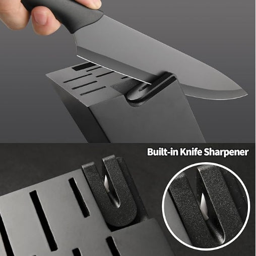 16 Pieces Kitchen Knife Block Set With Cutting Board, German Stainless Steel Knife Set With Sharpener, Dishwasher Safe, Anti-Slip Handle, 6 Steak Knives, Black
