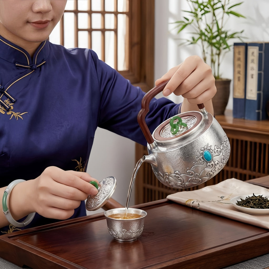 925 Sterling Silver Handcrafted Silver Teapot Featuring Turquoise Gemstone, Green Jade Lid Ring, and Rosewood Handle - Handicraft