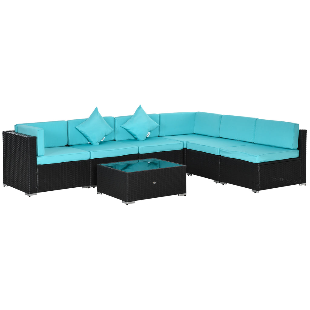 7-Piece Wicker Patio Conversation Set With Cushions & Glass Table, Turquoise