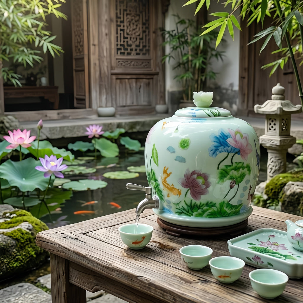 925 Sterling Silver Elegant Lotus and Koi Hand-Painted Ceramic Beverage Dispenser with Metal Tap - Handicraft