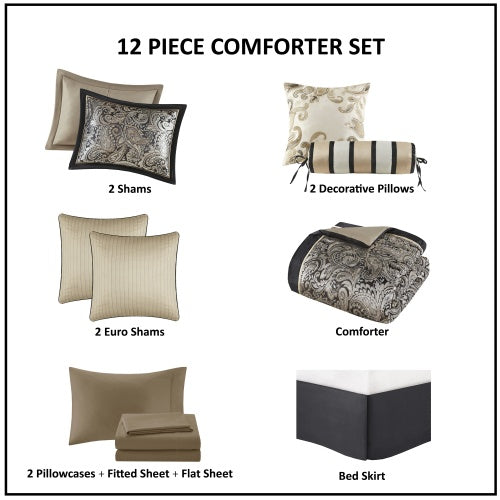12 Piece Comforter Set With Cotton Bed Sheets Black Queen