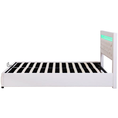 Upholstered Bed 150 X 200 Cm Functional Bed With Slatted Frame And Storage Space, LED Lighting In Different Colors, White, PU