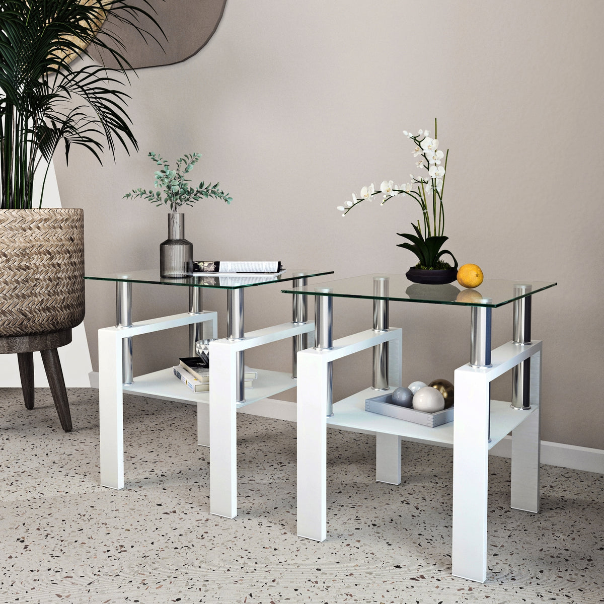 2-Pc Modern Tempered Glass Coffee Tea End Tables For Living Room