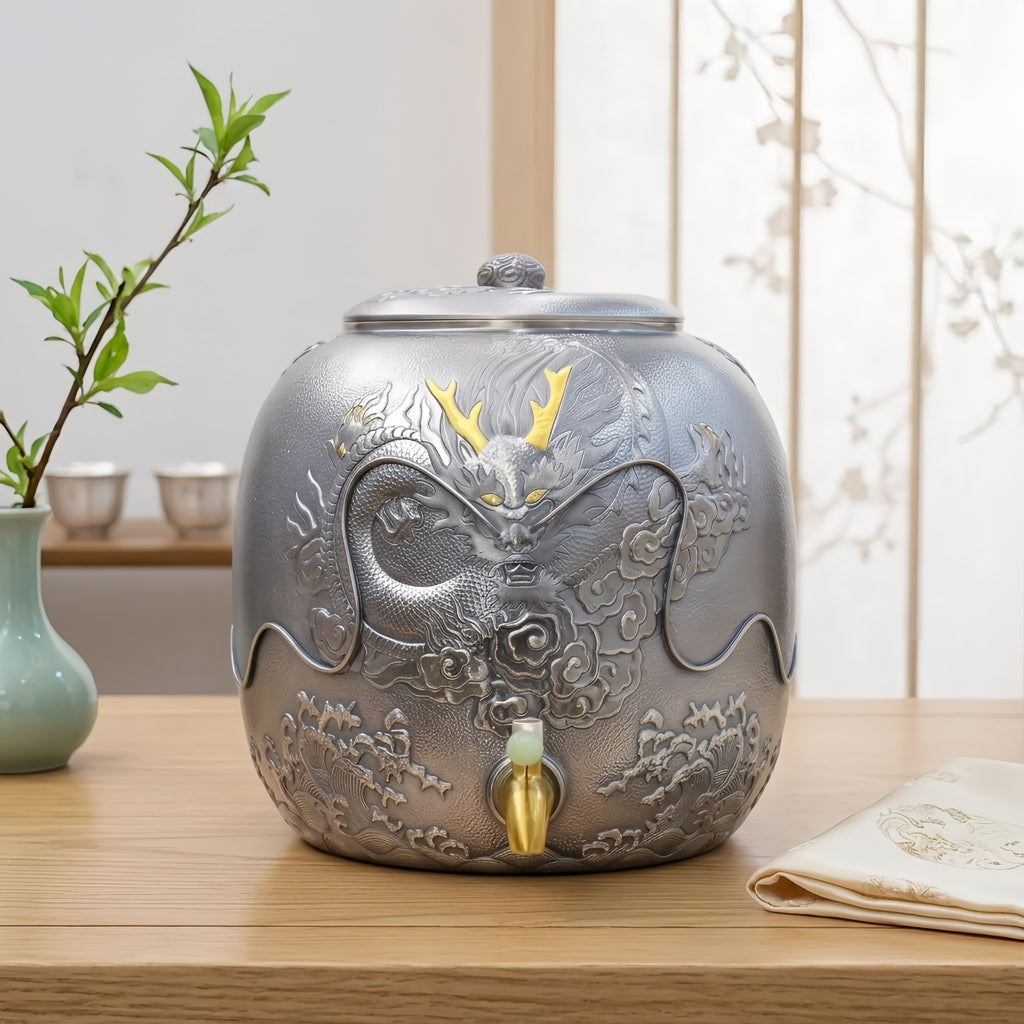 Pure 999 Fine Silver Elegant Embossed Silver-Toned Dragon Dispenser Featuring Ornate Relief and Metallic Accents - Handicraft