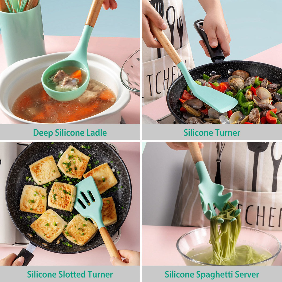2 Color Options -- Set Of 11Pcs Silicone Cooking Utensil Set Heat Resist Wooden Handle Silicone Spatula Turner Ladle Spaghetti Server Tongs Spoon Egg Kitchenware Set With Holder