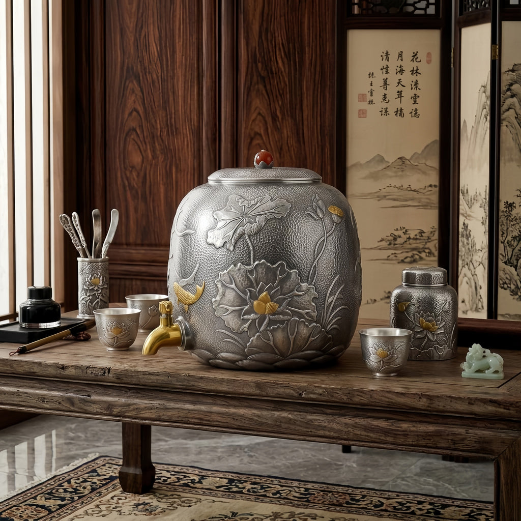 925 Sterling Silver Elegant Handcrafted Silver Water Jar with Intricate Lotus Relief and Gilded Accents - Handicraft