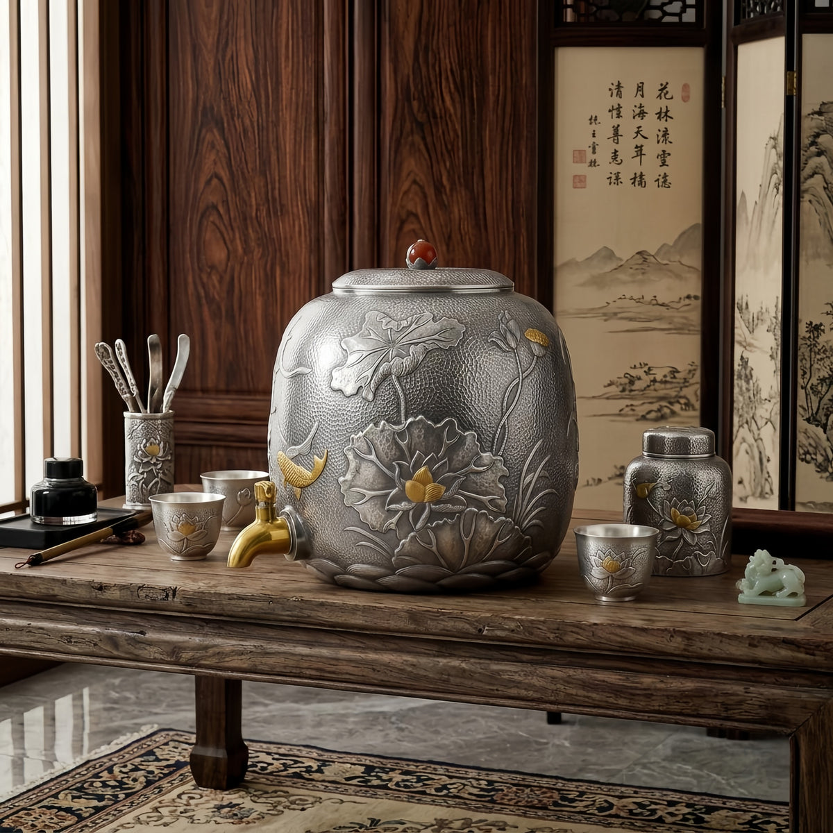 925 Sterling Silver Elegant Handcrafted Silver Water Jar with Intricate Lotus Relief and Gilded Accents - Handicraft