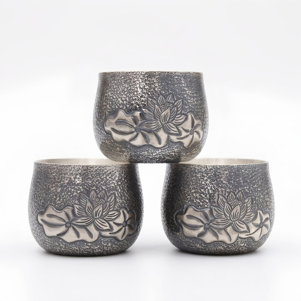 925 Sterling Silver Elegant Hammered Metal Cups with Embossed Lotus Bloom Designs - Handicraft