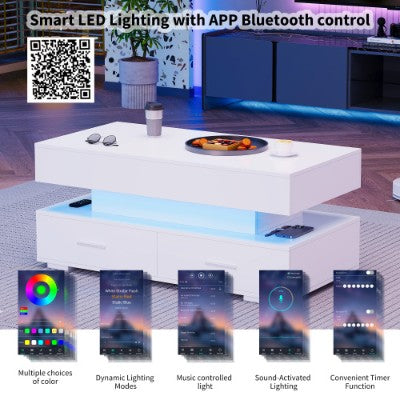 Hydraulic Lift Top Coffee Table, LED Coffee Tables With Storage For Living Room, Coffee Table With 2 Drawers & LED Light For Dining Reception Room, White