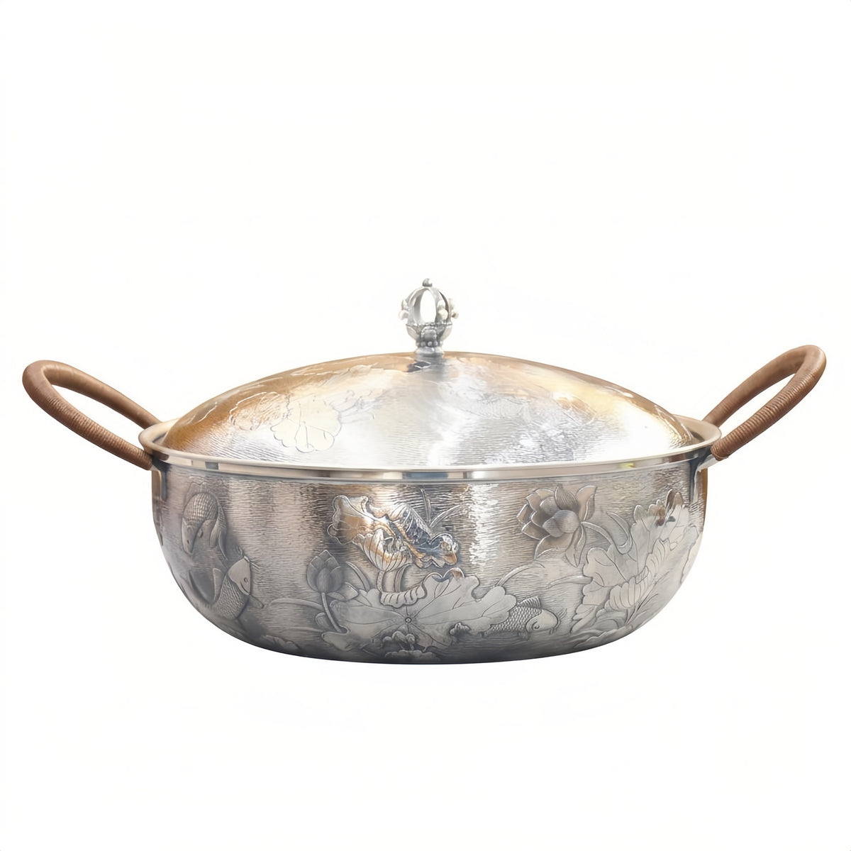 925 Sterling Silver Elegant Silver Lotus and Fish Relief Covered Pot with Wrapped Handles - Handicraft