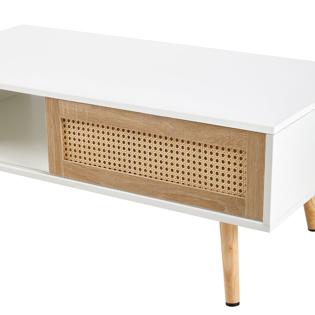 Rattan Coffee Table With Sliding Door And Solid Wood Legs