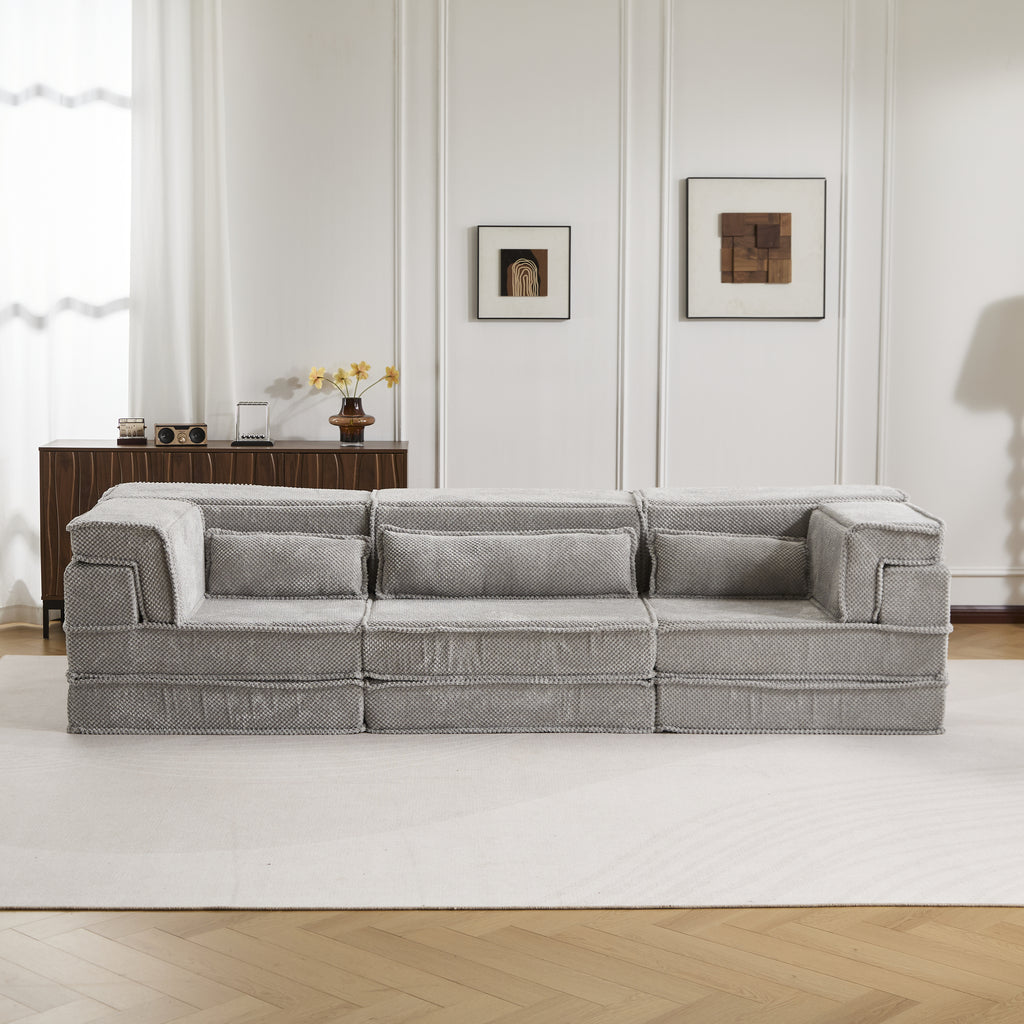 Compression Mahjong Sofa,Convertible Floor Sofa Bed,DIY Boneless Modular Sectional Sofa,No Assembly Required,Circle Fleece Fabric,Oversized 3 Seater With 3 Pillows,Light-Grey
