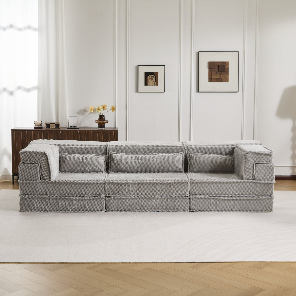 Compression Mahjong Sofa,Convertible Floor Sofa Bed,DIY Boneless Modular Sectional Sofa,No Assembly Required,Circle Fleece Fabric,Oversized 3 Seater With 3 Pillows,Light-Grey