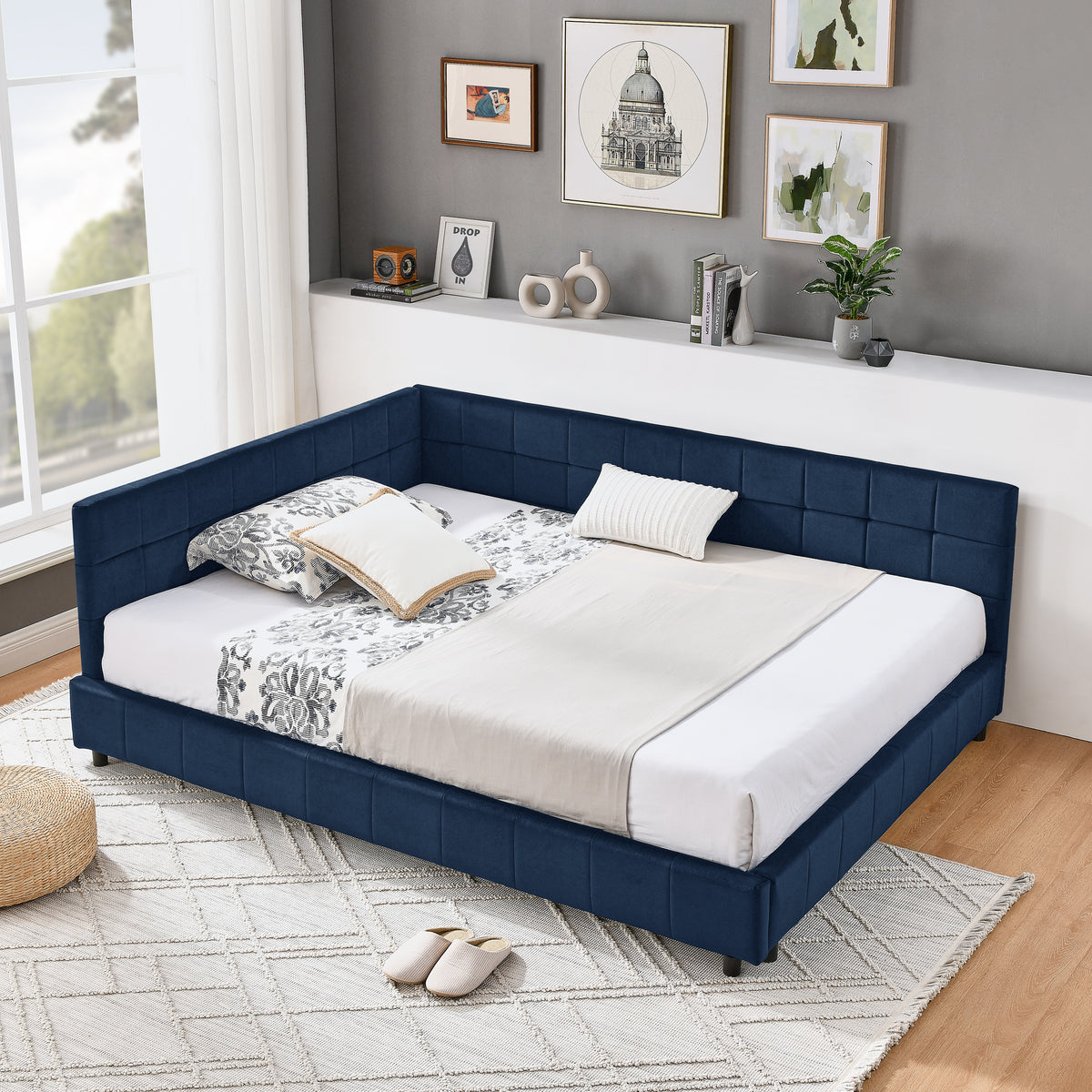 Full Size Upholstered Tufted  Bed Frame, Sofa Bed Frame With Comfortable Backrest And Armrests, Full Size Bed For Bedroom, Living Room,Velvet, Dark Blue 80.5x59x30.5