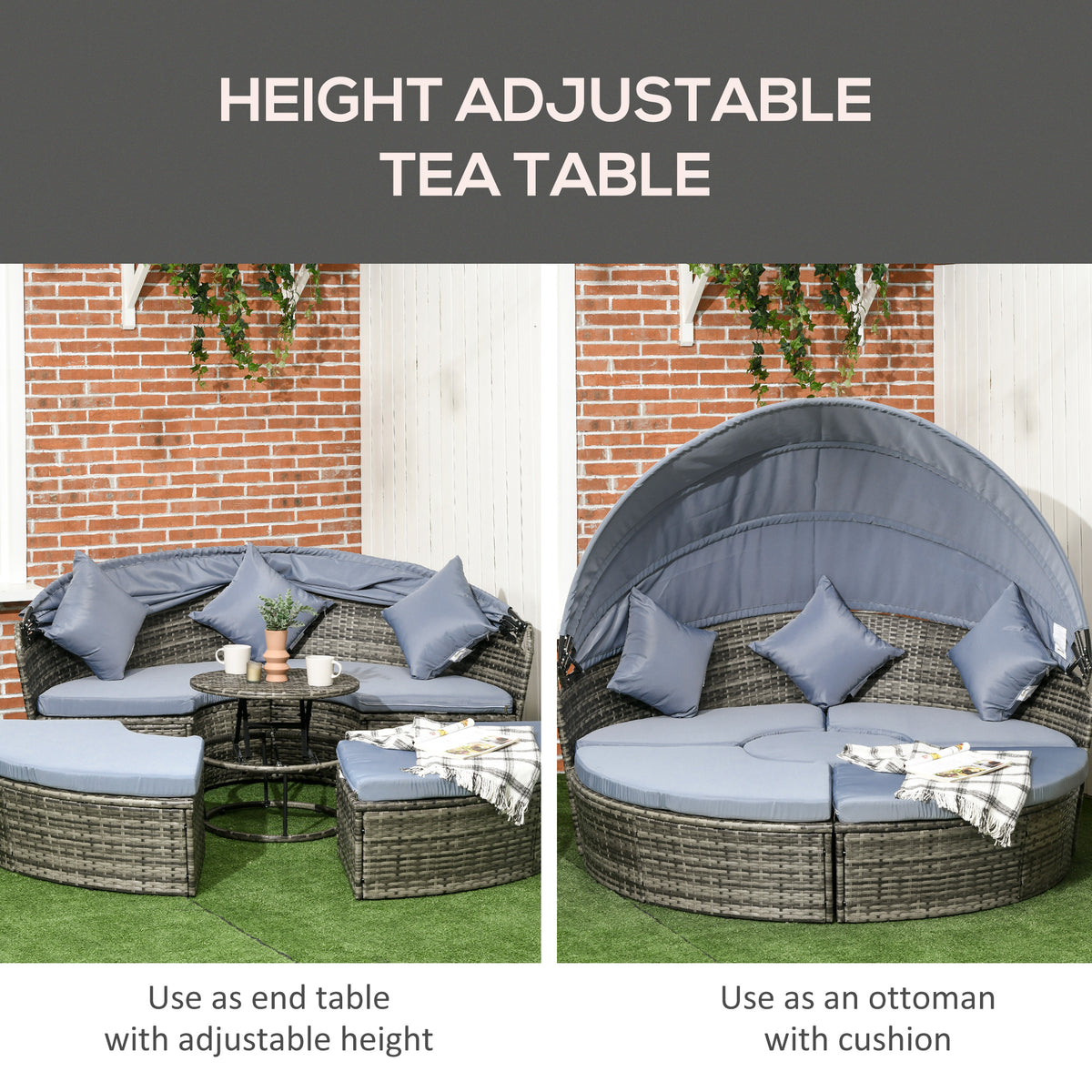 4 Piece Round Rattan Daybed, Convertible Patio Furniture Set, Adjustable Sun Canopy, Sectional Outdoor Sofa, 2 Chairs, Extending Tea Table Ottoman Chair, 3 Pillows, Light Gray
