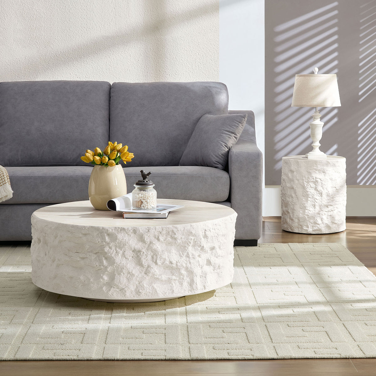 35.43''Fiberglass Round Center Coffee Table Set For Living Room Vintage Table,Imitation Stone Table Front Of The Sofa,Modern Design Coffee Table For Office,Apartment,No Need Assembly