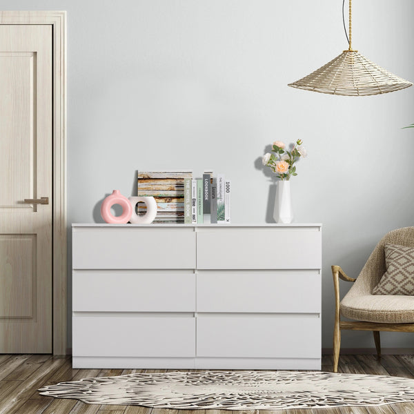 6 Drawer Double Dresser For Bedroom, Wide Storage Cabinet For Living Room Home Entryway, White