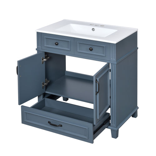 30” Bathroom Vanity with Ceramic Sink | Blue Solid Wood Cabinet