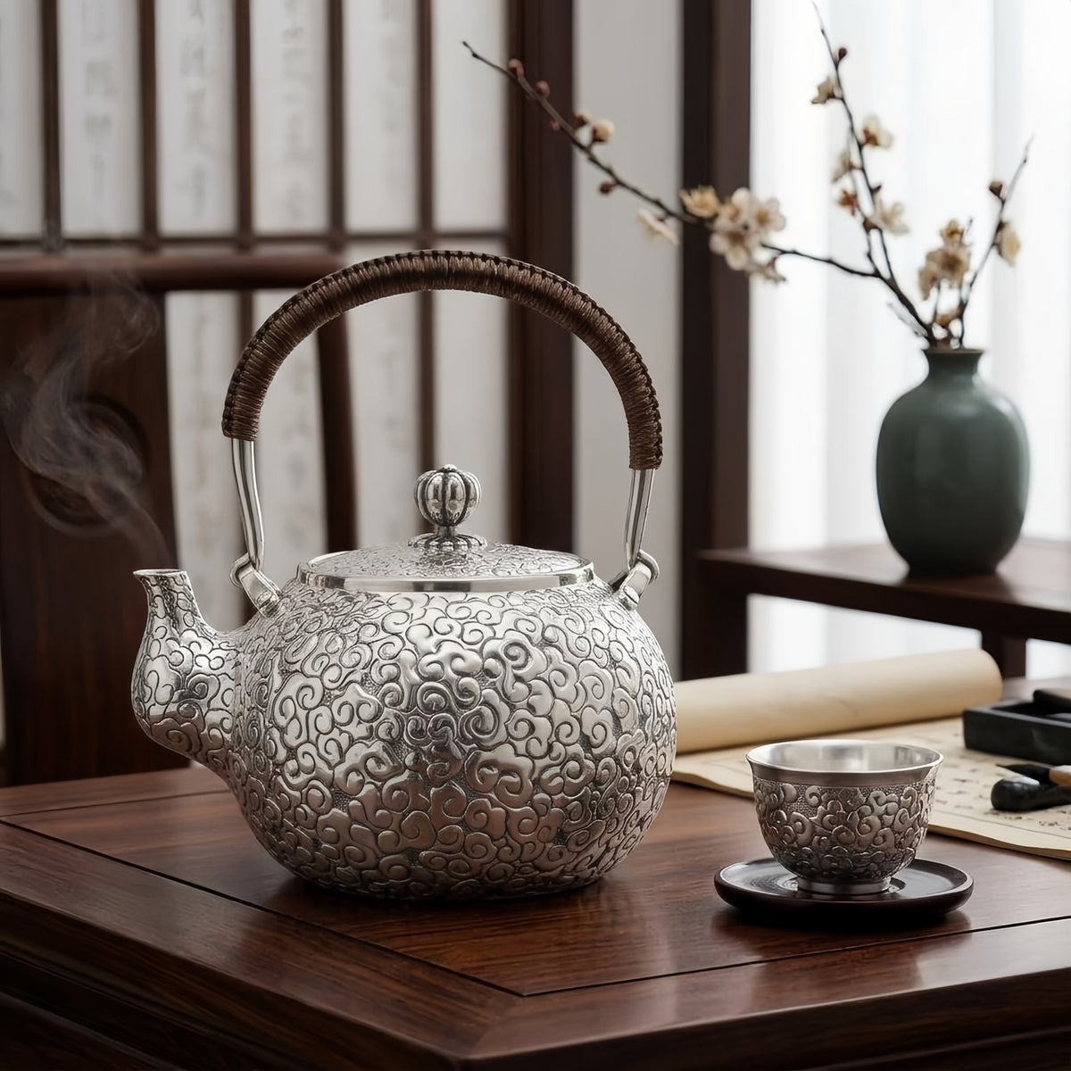 Pure 999 Fine Silver Elegant  Teapot with Intricate Cloud Motif and Ornate Woven Handle-Fine large teapot - Handicraft