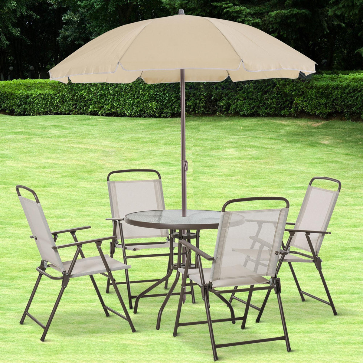 6-Piece Patio Dining Set With Umbrella, Folding Chairs & Glass Table, Beige - Outdoor Meal Setup