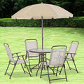 6-Piece Patio Dining Set With Umbrella, Folding Chairs & Glass Table, Beige - Outdoor Meal Setup