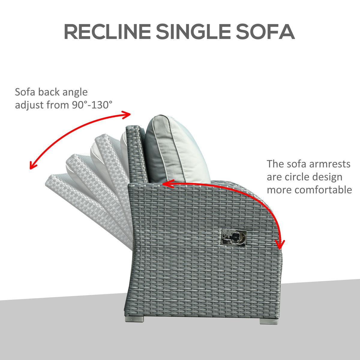 6-PCs Patio Furniture Sets Outdoor Wicker Sofa Set Rattan Angle Adjustable Recline Single Chair Conversation Set, Ottomans, w/ Polyester Tea Table Gas Spring  & Soft Washable Cushions, Grey