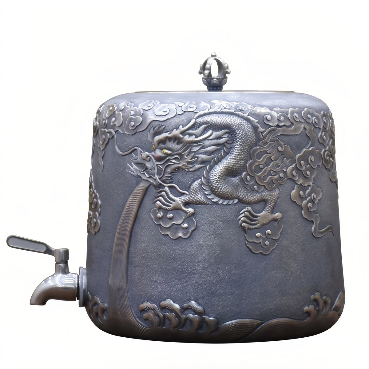 Pure 999 Fine Silver Elegant Silver Dragon Water Dispenser with Embossed Clouds and Waves - Handicraft