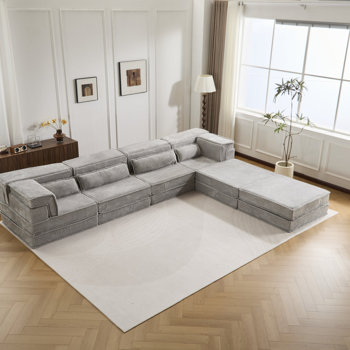 Compression Mahjong Sofa,Convertible Floor Sofa Bed,DIY Boneless Modular Sectional Sofa,No Assembly Required,Circle Fleece Fabric,Oversized 4 Seater With 2 Ottoman,Light-grey