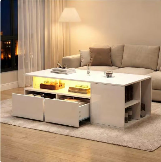 High Gloss Coffee Table With Open Storage, LED Lights, Centre Table With 2 Drawers, Sofa Side Table, Space-saving End Table, Tea Table, 100X50X35cm, White, Particleboard