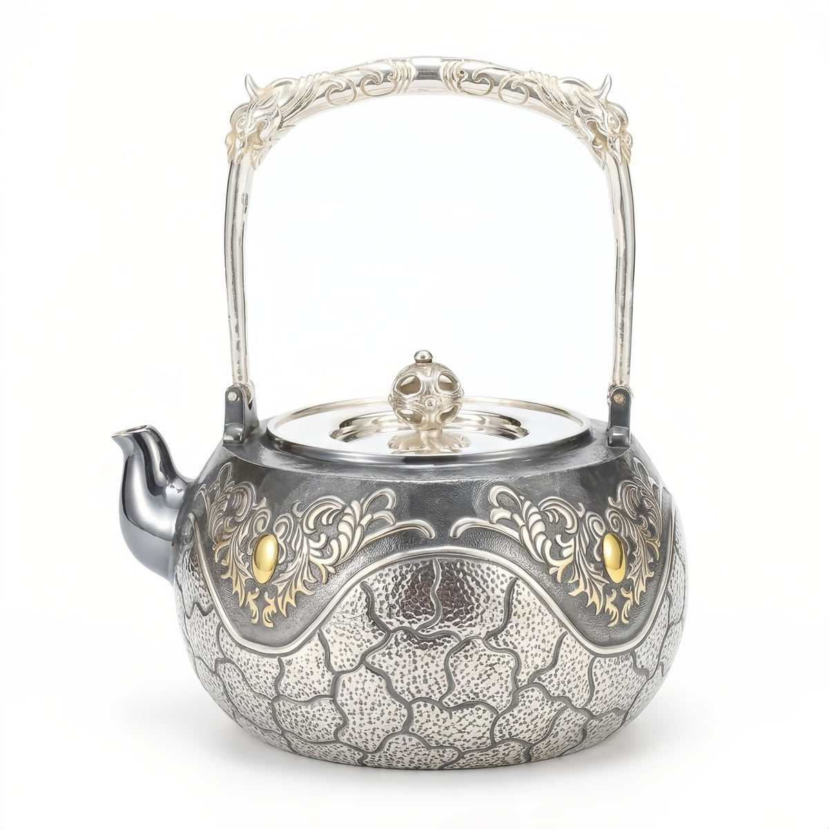 925 Sterling Silver Handcrafted Ornate Silver Teapot with Intricate Engravings and a High Decorative Arched Handle - Handicraft