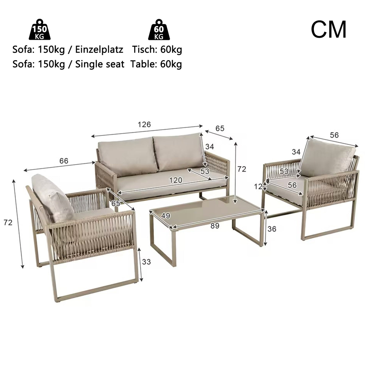 Outdoor Patio&Backyard Furniture Garden Lounge Set For 4 People, Thick Quality Space Saving Sofa With Glass Coffee Table, Khaki