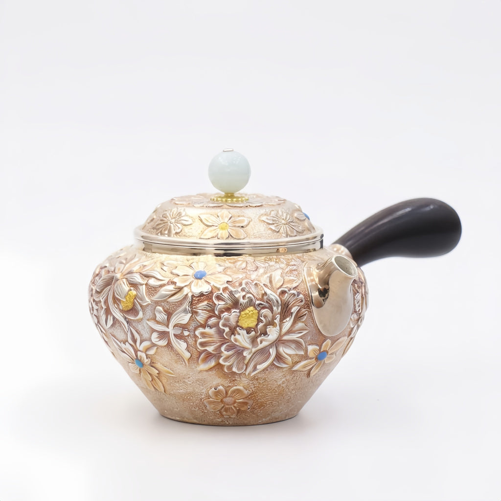 Pure 999 Fine Silver Exquisite Handmade Floral Relief Silver Teapot with Side Handle and Jade Finial - Handicraft
