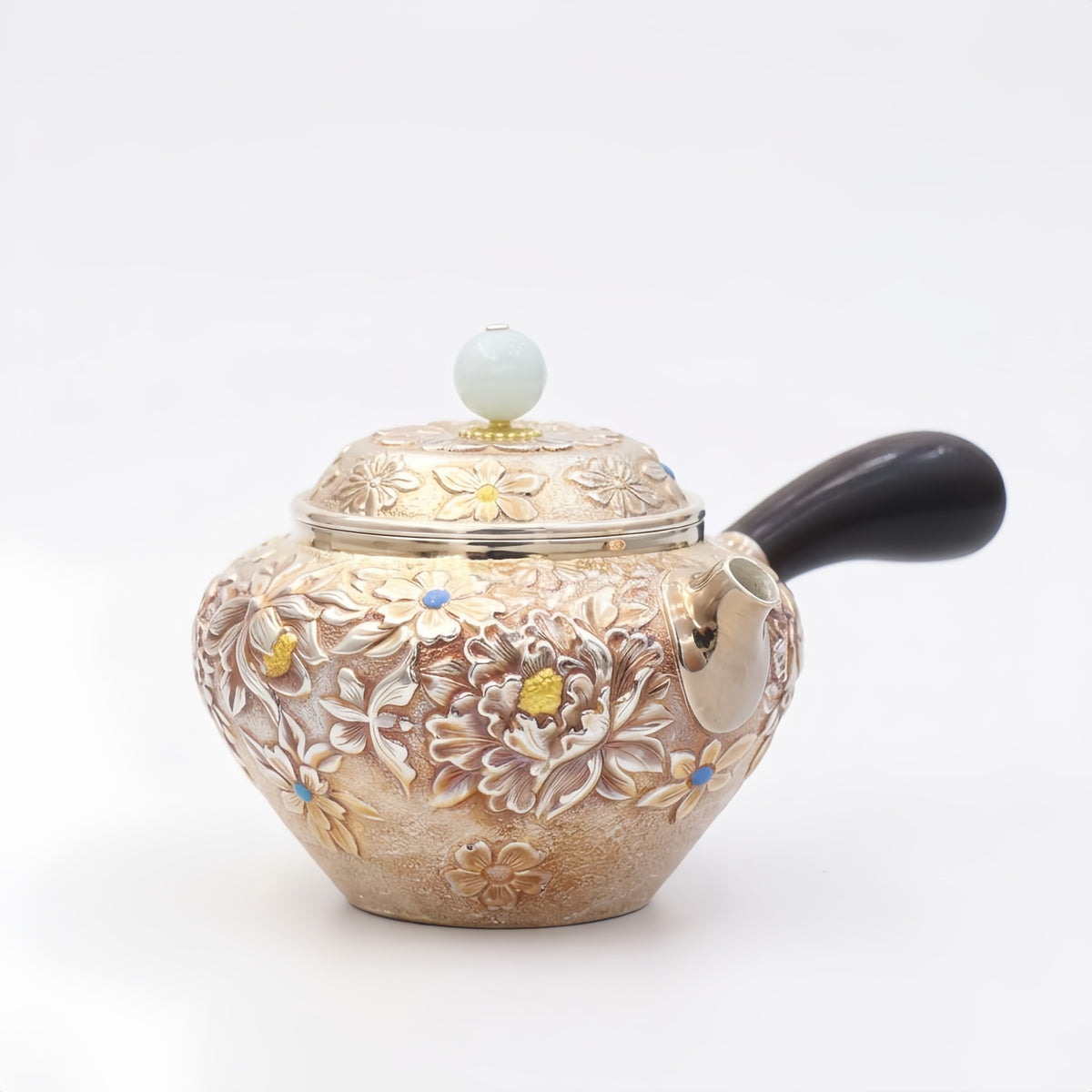 Pure 999 Fine Silver Exquisite Handmade Floral Relief Silver Teapot with Side Handle and Jade Finial - Handicraft